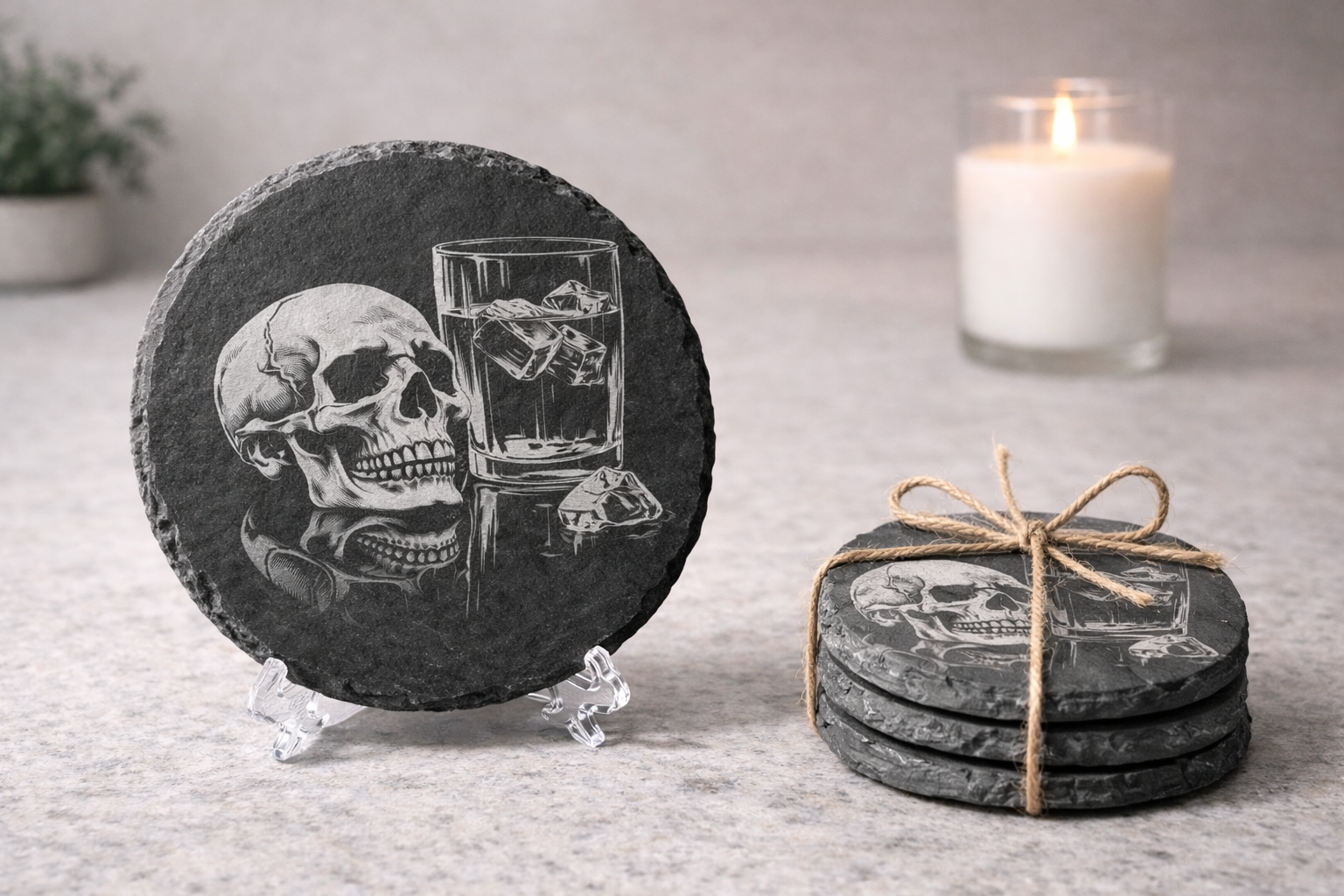 Skull and Whiskey  4” Slate Decor/Coasters